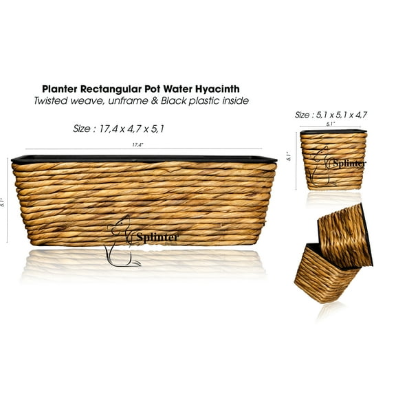 Water Hyacinth Rectangular Planter Pot, Set of Four, Twisted Weave W/Black Plastic Inside- Natural Color SPLINTER