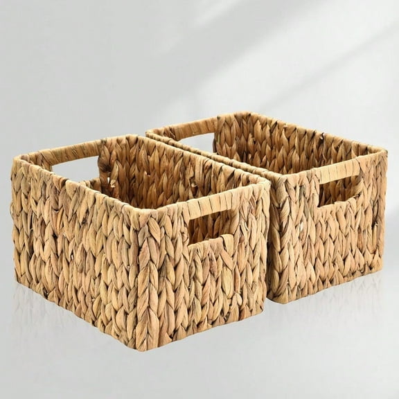 Water Hyacinth Rectangular Wicker Baskets 12 Wicker Basket 2 Pack Woven Storage Baskets with Handles
