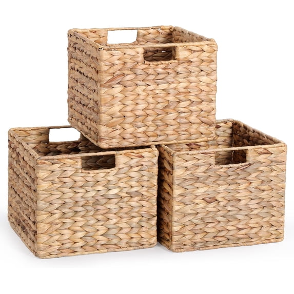 Water Hyacinth Storage Basket Large, Folding Cube Woven Wicker Storage Basket for Shelves, Pantry Baskets Organization and Storage, Kitchen Storage Baskets, Large Rattan Basket