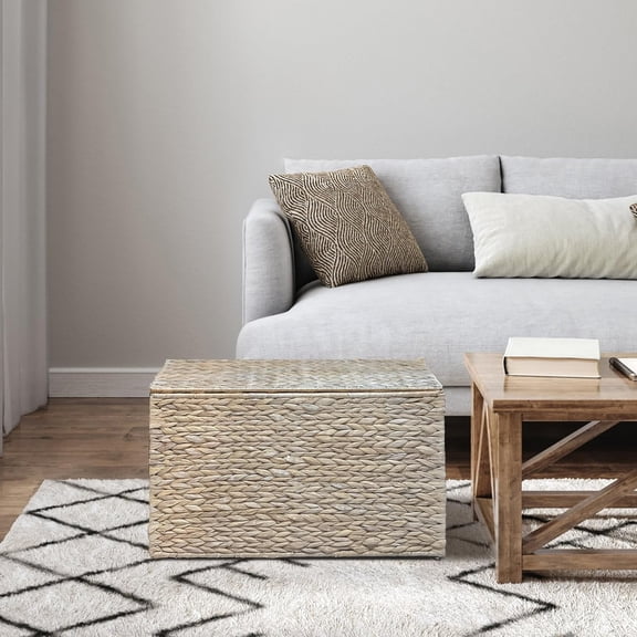 Water Hyacinth Storage Basket with Lid, 17.2 Gallon (65L) Wicker Storage Trunk with Handles, Handwoven Wicker Storage Bin for Blanket, Foldable, for Living Room, Laundry Room, White