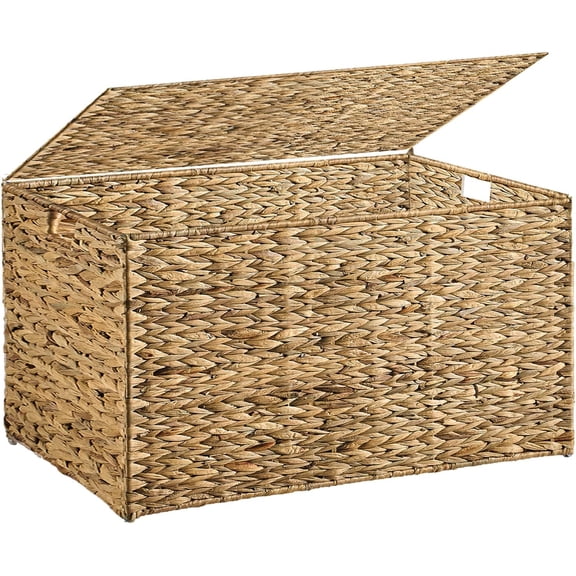Water Hyacinth Storage Basket with Lid, 52.8 Gallon (200L) Wicker Storage Trunk with Handles, Handwoven Large Wicker Storage Basket for Blanket, Foldable, for Living Room, Bedroom, Natural
