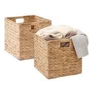 Water Hyacinth Storage Basket, Set of 2 Hand-Woven Wicker Baskets, Foldable Cube Storage Bins, Wicker Cube Laundry Organizer, Square Baskets for Organizing Shelves Decor, 12x12x12in