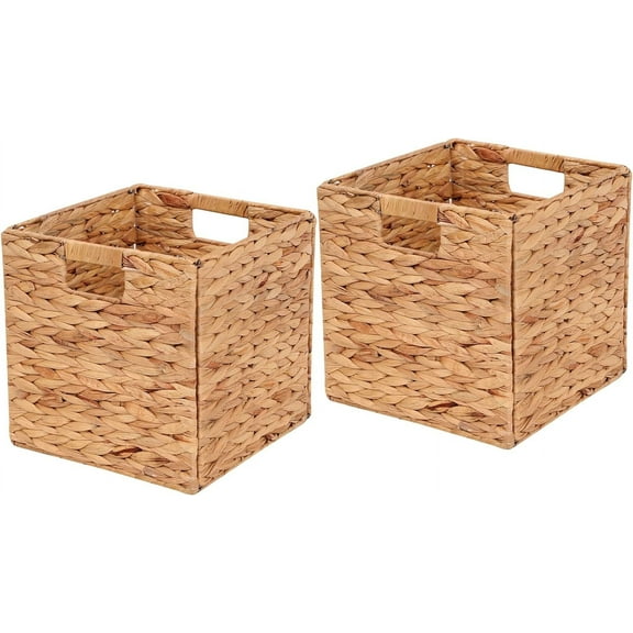 Water Hyacinth 11" Cube Storage Baskets, Set of 2, Handwoven Wicker Bins with Handles for Shelves, Laundry, Bedroom, Kitchen