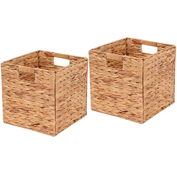 Water Hyacinth Storage Baskets 11x11x11 Inch Wicker Storage Cubes Set of 2Baskets,Handwoven Foldable Wicker Cubes with Sturdy Handles, Rustic Laundry Organizer for Bedroom Shelves, Kitchen, Bathroom