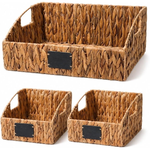 Water Hyacinth Storage Baskets Set of 3 with Chalkboard Labels -- Wicker Pantry Organizer Baskets for Kitchen Shelves, Laundry Room, Bathroom & Bedroom -- Woven Snack & Produce Storage Bins