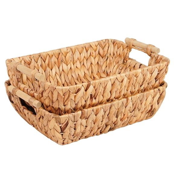 Water Hyacinth Storage Baskets With Wooden Handles 2 Pack Oval Organizers