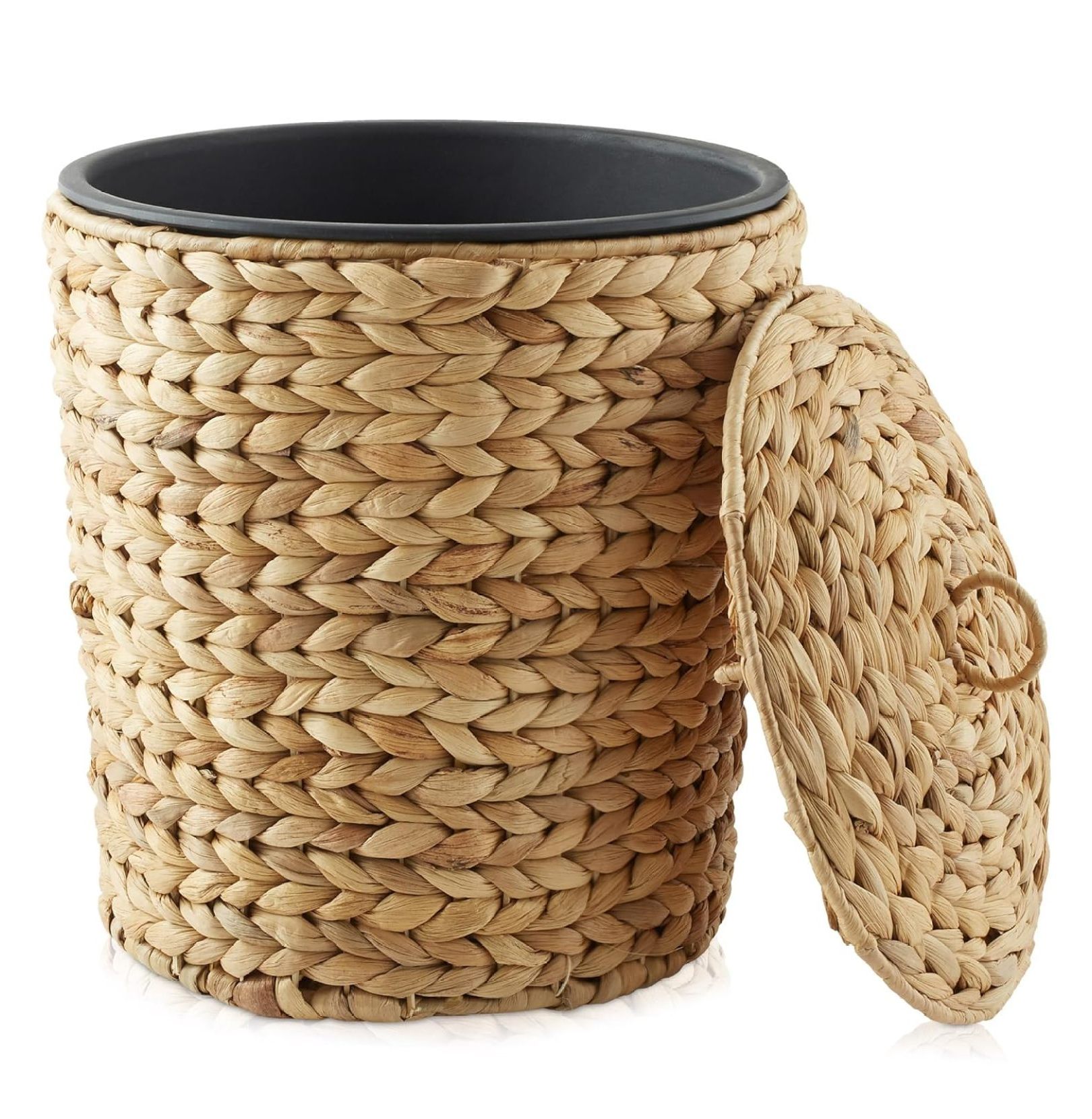 Water Hyacinth Trash Can with Lid & Liner - 3 Gallon Woven Waste Basket ...