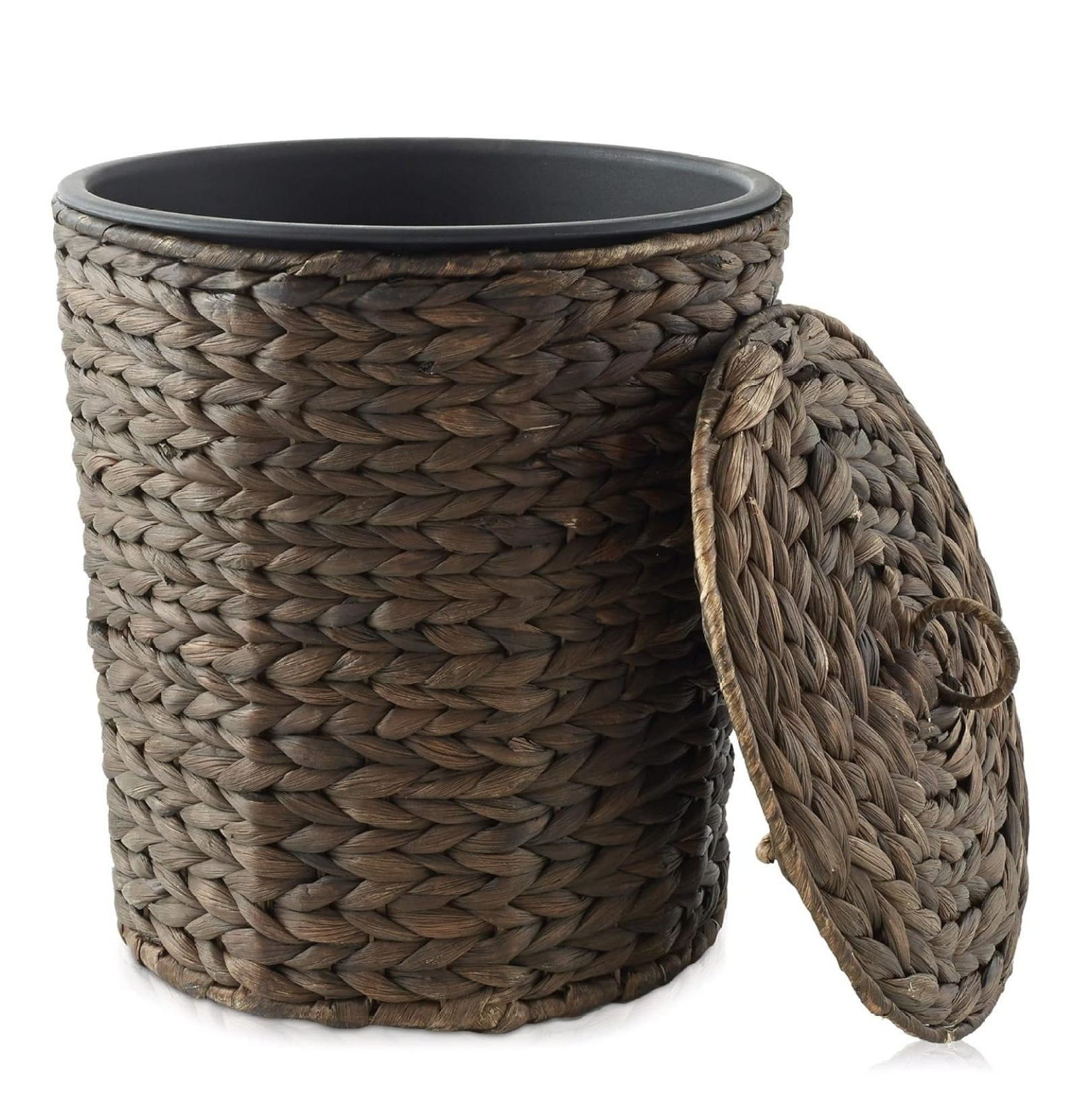 Water Hyacinth Trash Can with Lid and Liner - Espresso Woven Waste ...