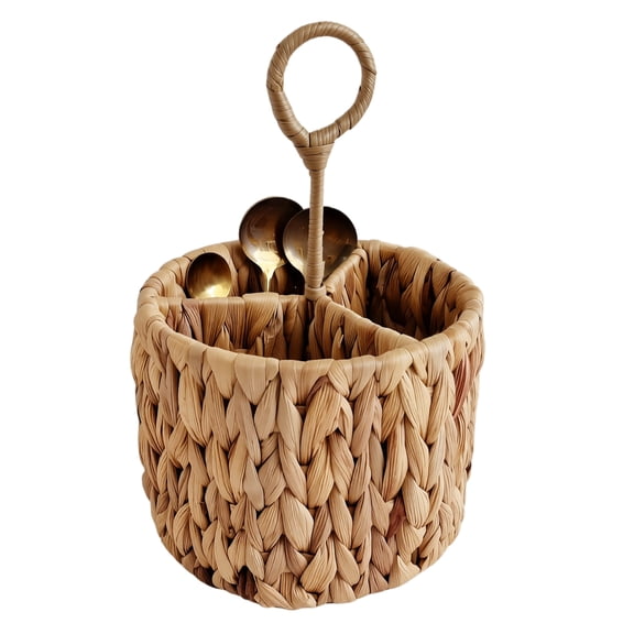 Water Hyacinth Utensil Holder 4 Slot Woven Flatware Caddy For Dining Table Organization Divided Silverware Seagrass Basket Ideal For Kitchen Countertop Desk