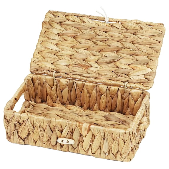 Water Hyacinth Wicker Storage Basket with Lid, X-Small 9x5.1x3 Inch, Handwoven Natural Fiber Organizer Bin for Home Kitchen Bathroom Bedroom, Neutral Decorative Box with Handles