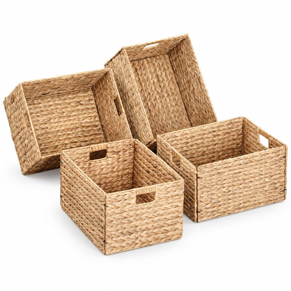 Water Hyacinth Wicker Storage Baskets, Set of 4, Natural, Collapsible Rectangular Boxes with Iron Wire Frame and Handles, 16.1" x 12.6" x 9.5"