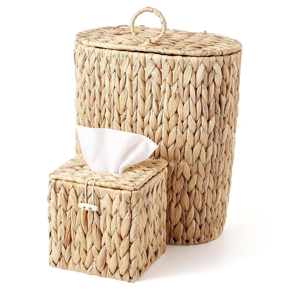 Water Hyacinth Wicker Trash Can with Lid and Tissue Box Cover Set, 4 Gallon Rattan Bathroom Wastebasket, Boho Bathroom Accessories for Bedroom, Toilet, Office, Natural