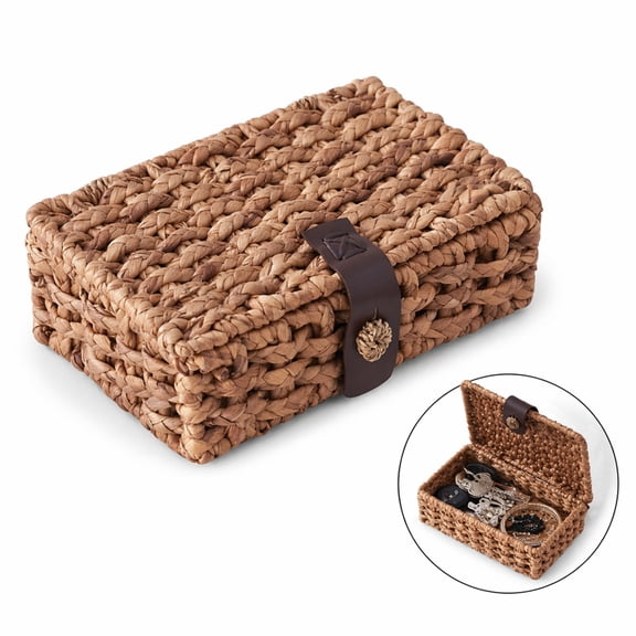 Water Hyacinth Woven Decorative Box, Duslogis Wicker Basket with Lid, Rectangular Multipurpose Organizer Display Boxes for Shelves Coffee Table Console, Lidded Baskets for Home Decor