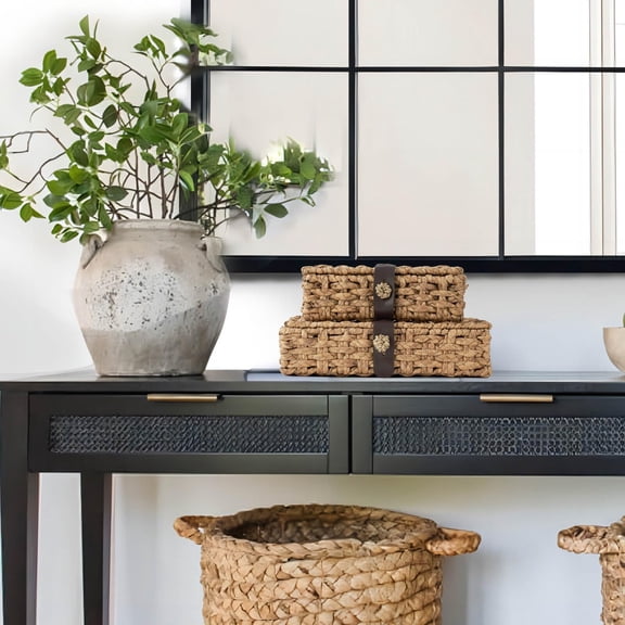 Water Hyacinth Woven Storage Box with Lid - Handwoven Decorative Organizer Basket for Coffee Table, Console Table, Shelf, Farmhouse Home Decor & Organization