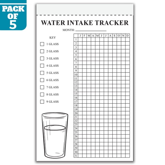 Water Intake Tracker Notepad 5.5 x 8.5 Inch, Pack of 5 Hydration Tracker Pads, Daily Water Intake Log, Wellness Planner, Hydration Journal, 50 Sheets Per Pad, Made in USA