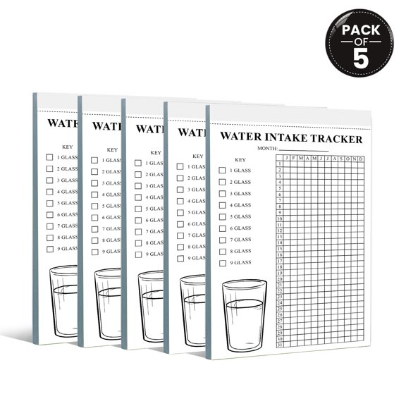 Water Intake Tracker Notepad 5.5 x 8.5 Inch, Pack of 5 Hydration Tracker Pads, Daily Water Intake Log, Wellness Planner, Hydration Journal, 50 Sheets Per Pad, Made in USA