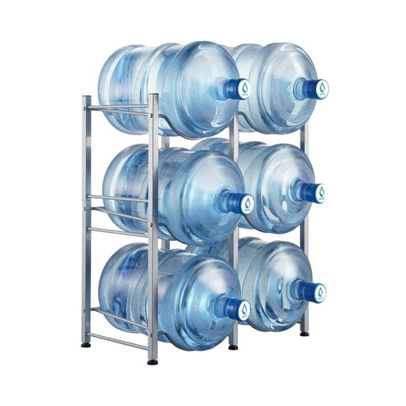 Water Jug Holder 3 Tier, 5 Gallon Bottle Rack, Holds 6 Bottles, Heavy Duty Cast Iron, Kitchen Office Storage, Space Saving - Silver