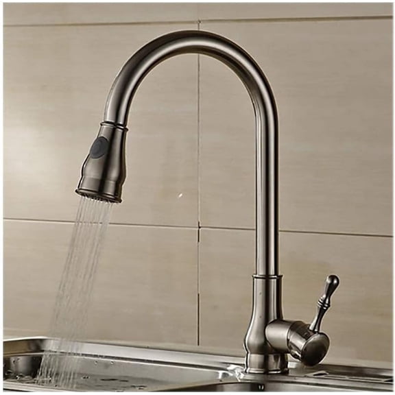 Water Kitchen Sink Faucet with Pull Out,2-Function Spray Bubbler Brass Basin Mixer Tap Vanity Faucet Single Handle Cold and Hot Water Deck Mounted Kitchen Sink Taps,Brush Nickel