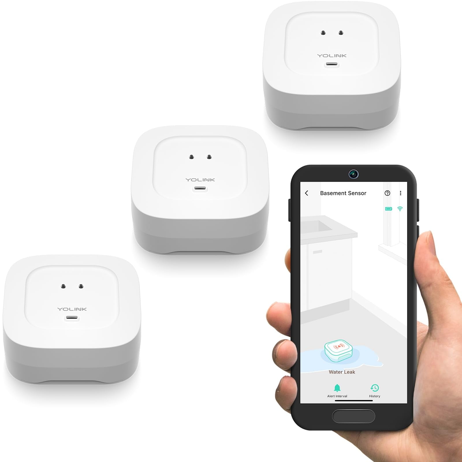 White Smart Water Leak Sensor with Audio Alarm 3-Pack