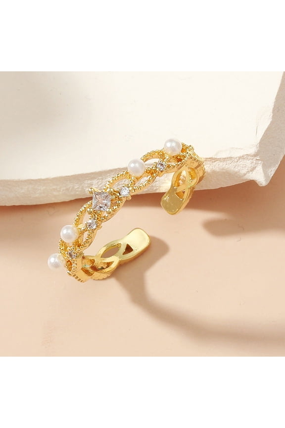 Womens Adjustable Copper Ring With Zircon Inlay Geometric Pearl Open Band Golden Design Lightweight Light Feel