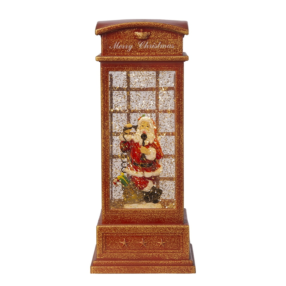 Water Lighted Spinning Phone Booth Christmas Decor with Santa on Phone Plastic Polyresin Oil Water Tabletop Holiday Accent