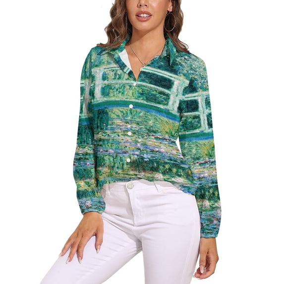 Water Lilies And Bridge Long Sleeve Blouse Woman Streetwear Casual Shirts Summer Oversize Woman Streetwear Clothing Birthday Present