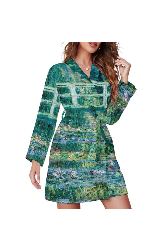 Water Lilies And Bridge Night Robe Long Sleeve V Neck Robe With Belt Women's Sleepwear Dresses