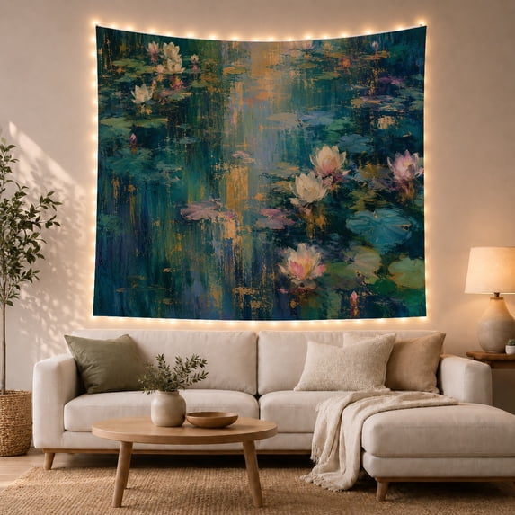 Water Lilies on Dark Reflective Pond, Peaceful Impressionist for Art Lovers, Fine Art Oil Painting Decor, Housewarming Gift, Tapestry Wall Hanging for Living Room and Bedroom