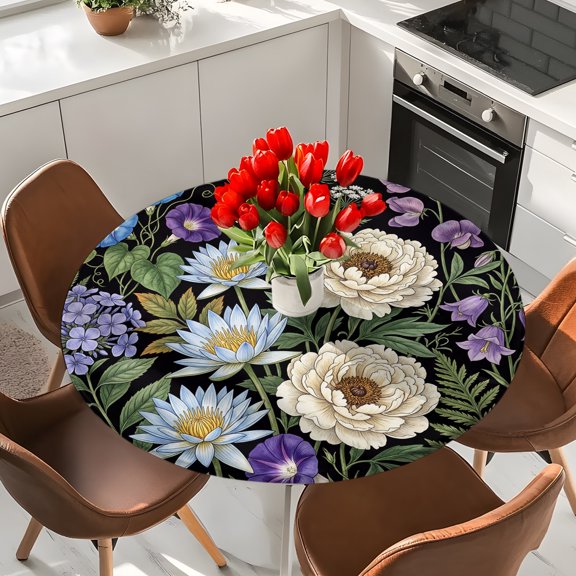 Water Lilies Hydrangeas Round Fitted Tablecloth with Elastic Edge,Waterproof Table Cloth Fits Tables Up to 36"-44",Wipeable Washable Table Cover for Indoor Outdoor Dinning Party,Vintage Botanical