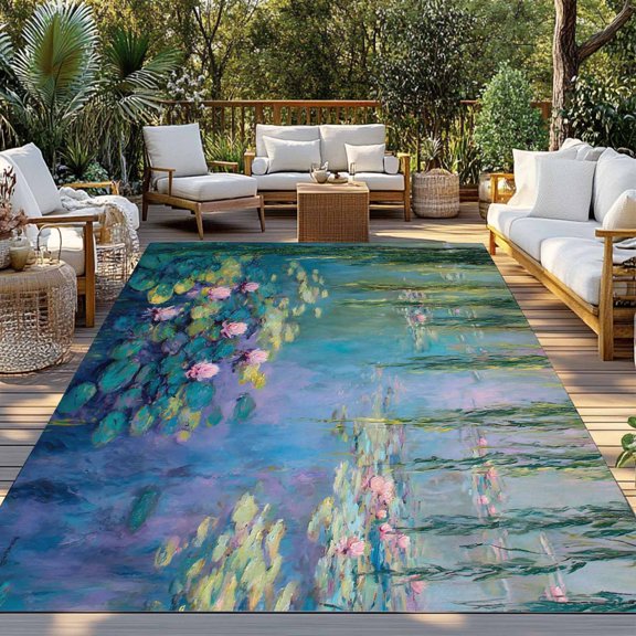 Water Lilies Indoor Outdoor Rugs 3x5 Ft, Flowers Pond Pads Willow Branches Outdoor Patio Rugs Mat Washable Outside Area Rugs Carpet for Porch Deck RV Camping Pool Balcony Backyard