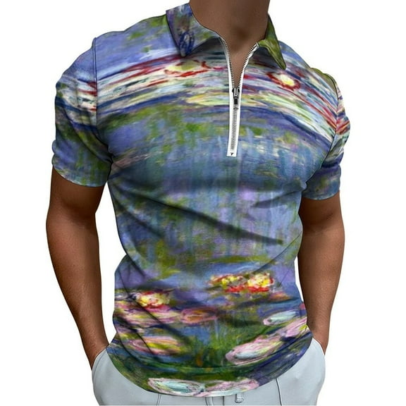 Water Lilies Men Zipper T-shirt Summer Casual Short Sleeve T-shirt Top