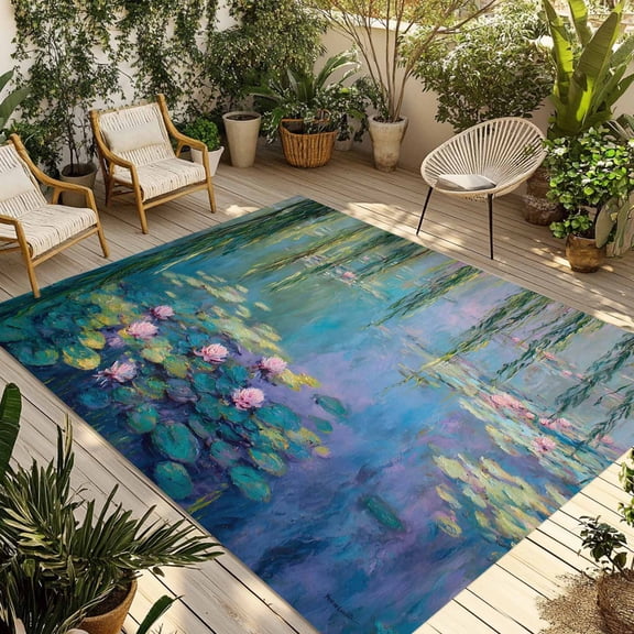 Water Lilies Outdoor Rug, Flowers Pond Pads Willow Branches Non-Slip Area Rugs Carpet Breathable Large Floor Mat for Outdoors Patio Porch Deck Beach 3’ x 5’