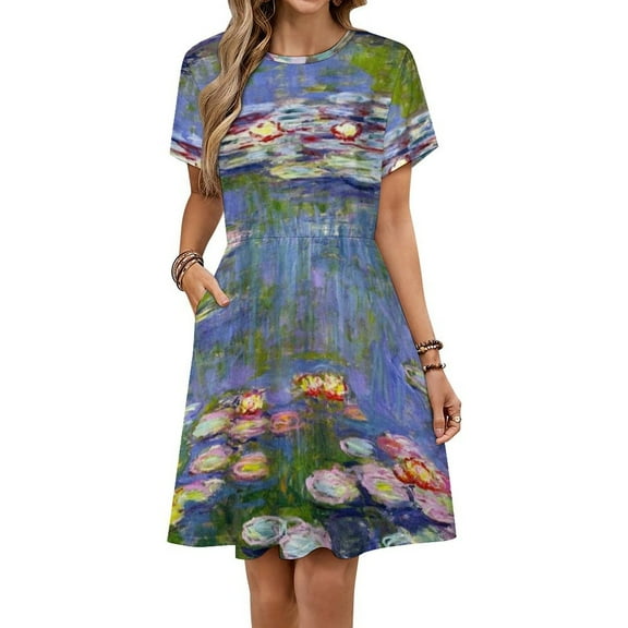 Water Lilies Short Sleeve Dress Women Summer Evening Dresses Ladies Sundress