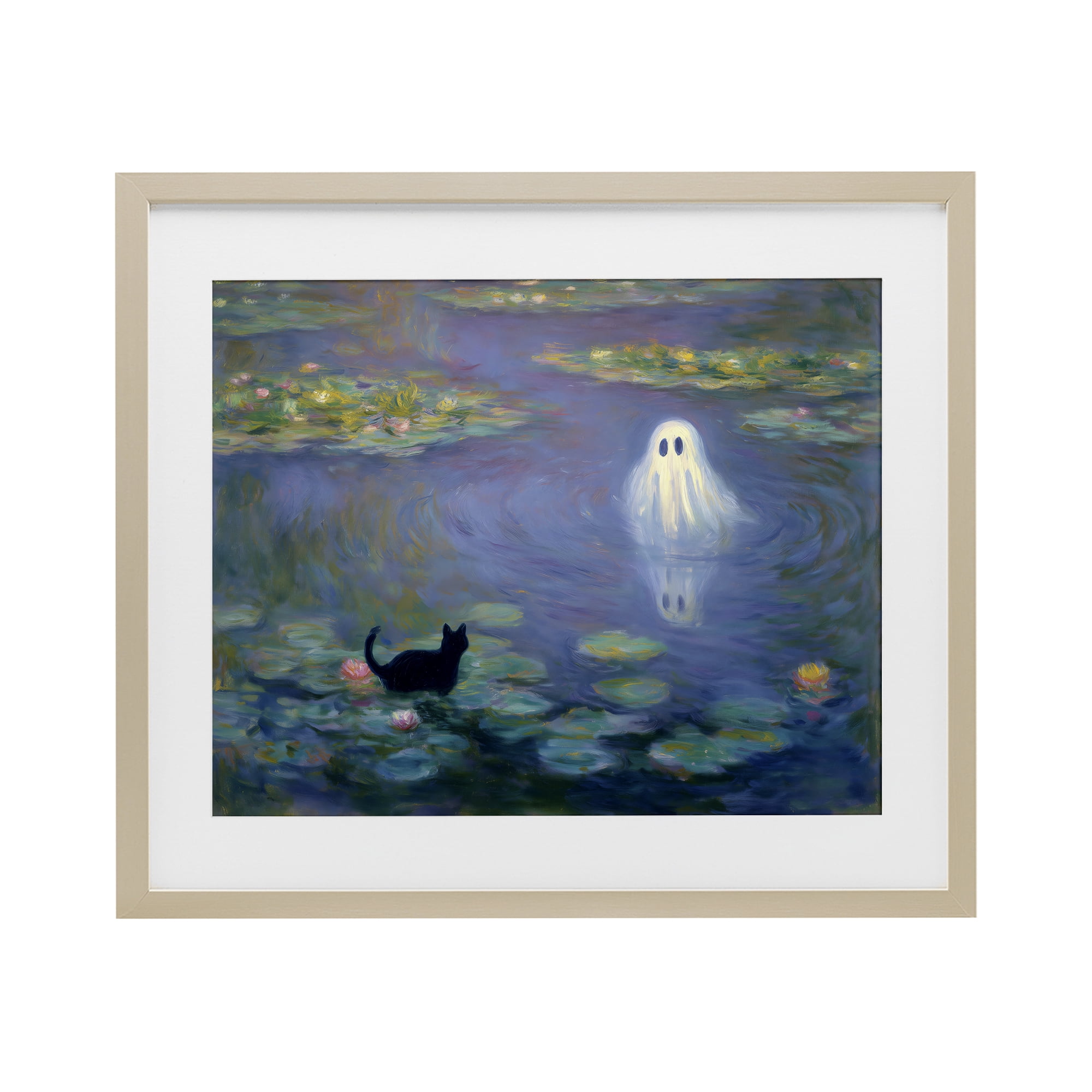Water Lilies with Ghost & Kitty Birch Framed Print Under Glass, design by Arlington Prints