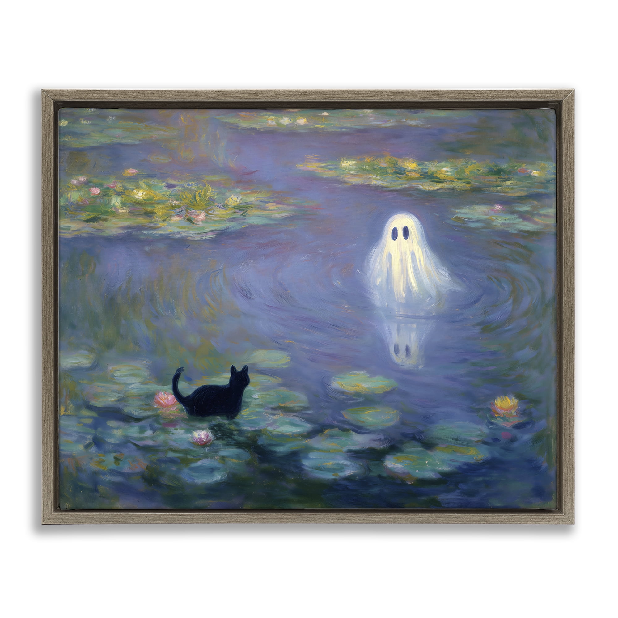 Water Lilies with Ghost & Kitty Brown Framed Floater Canvas Wall Art, design by Arlington Prints