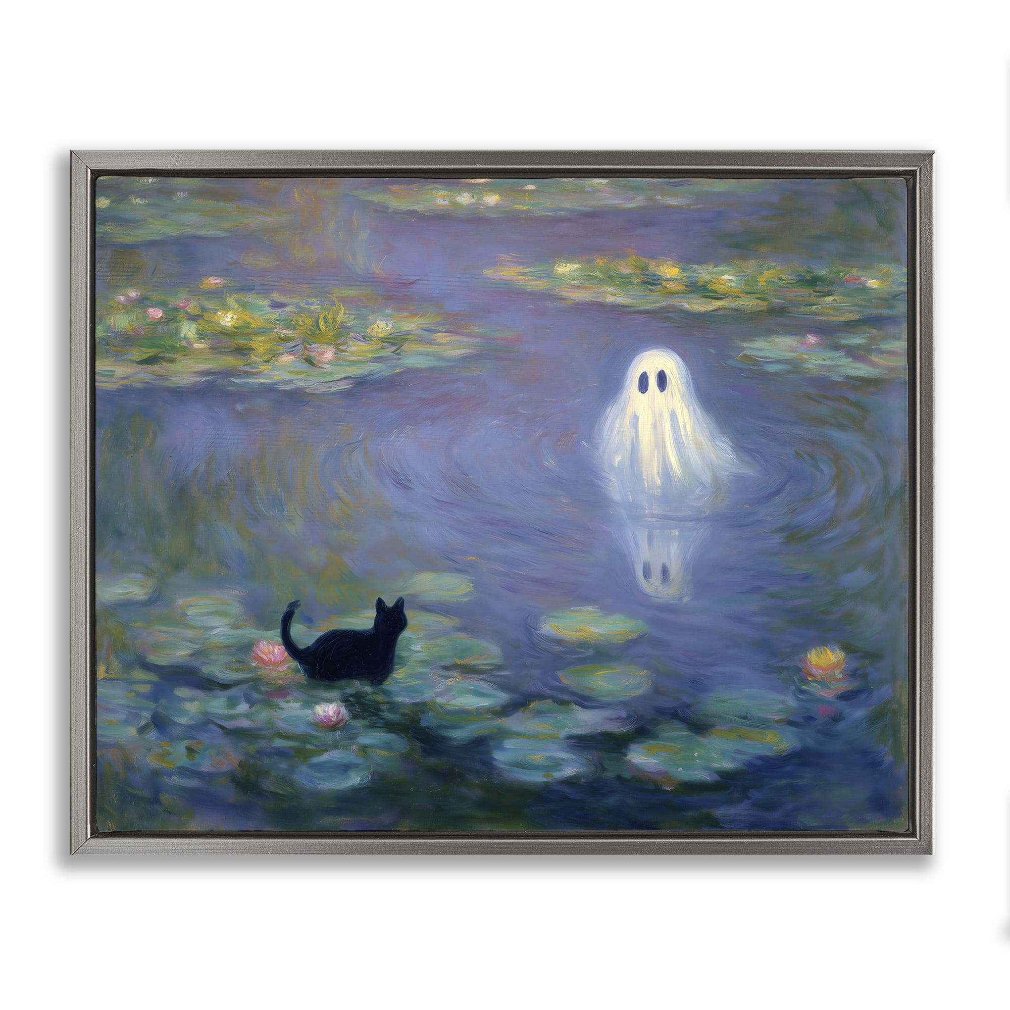 Water Lilies with Ghost & Kitty Gray Framed Floater Canvas Wall Art, design by Arlington Prints