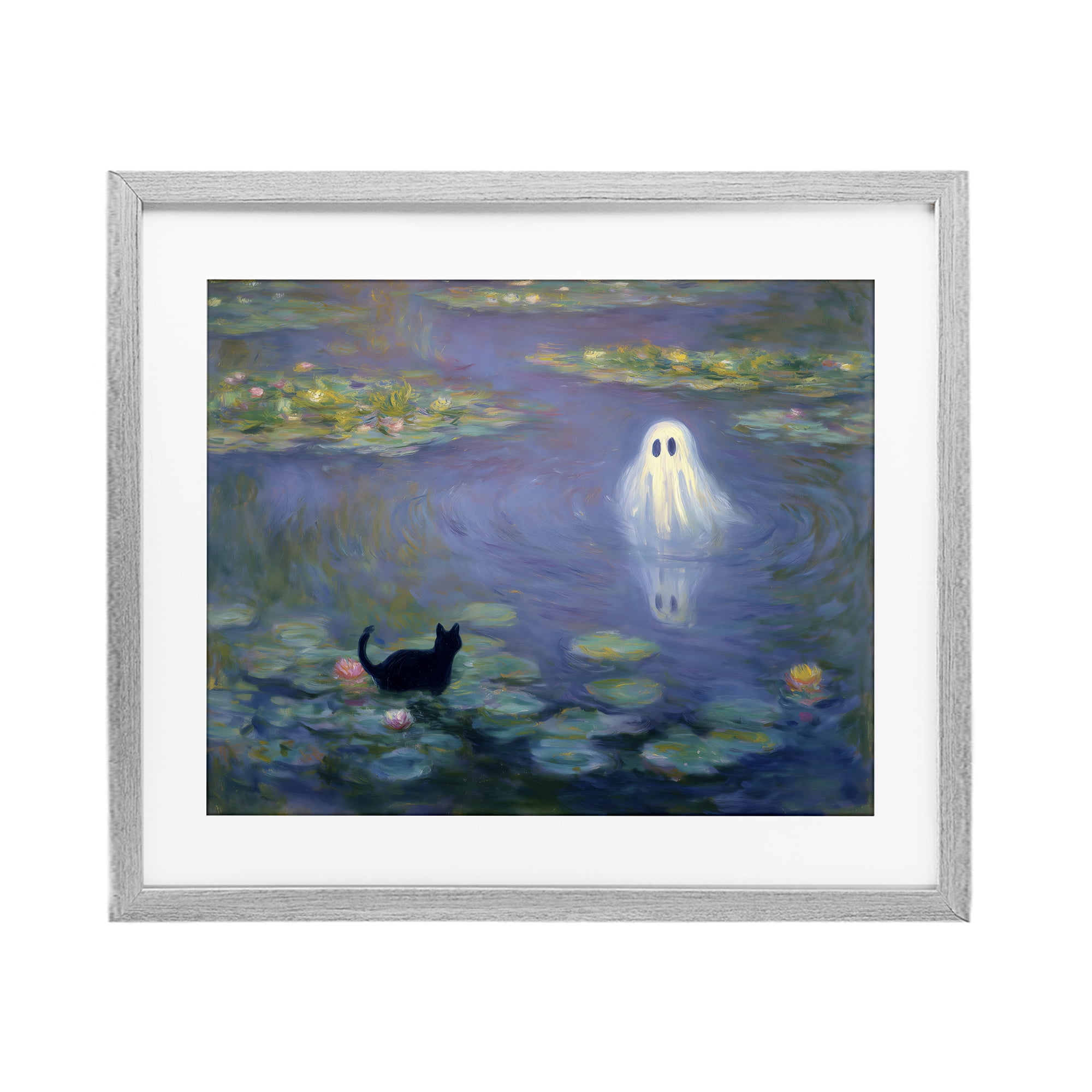 Water Lilies with Ghost & Kitty Gray Framed Print Under Glass, design by Arlington Prints