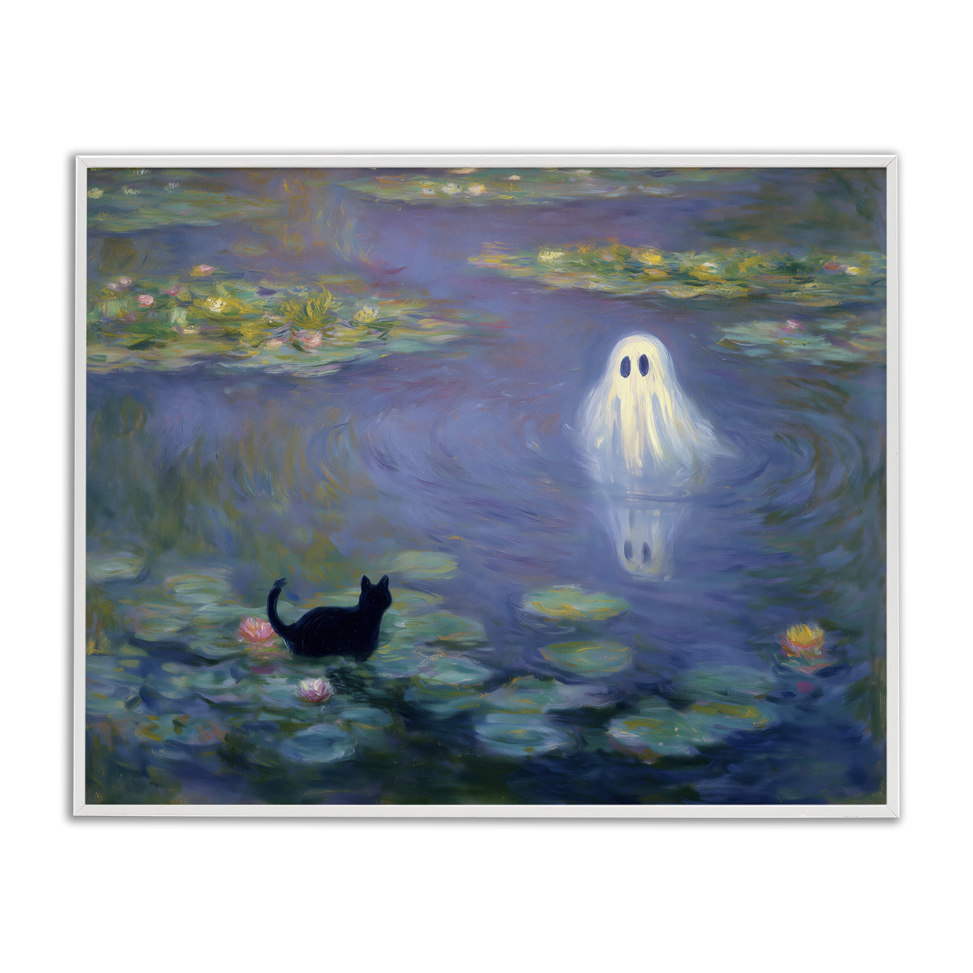 Water Lilies with Ghost & Kitty White Framed Giclee Art, design by Arlington Prints