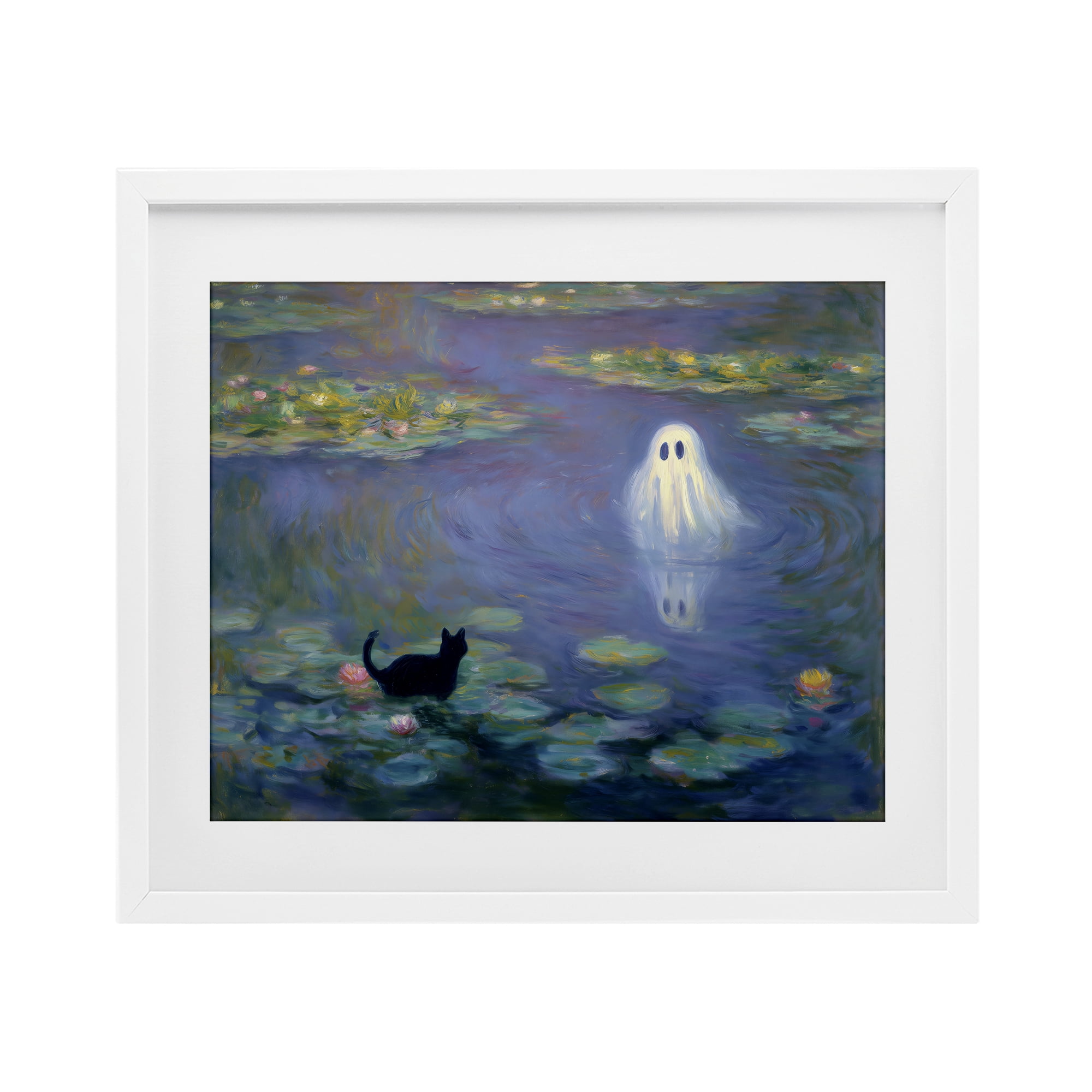 Water Lilies with Ghost & Kitty White Framed Print Under Glass, design by Arlington Prints