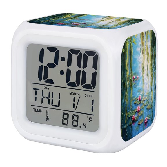 Water Lily Alarm Clock, Lily Pads Willow Pond Lake Nature Zen Digital Clock Night Light with 7 Color, Calendar Temperature Display, LED Desk Small Clock for Bedrooms Bedside Living Room