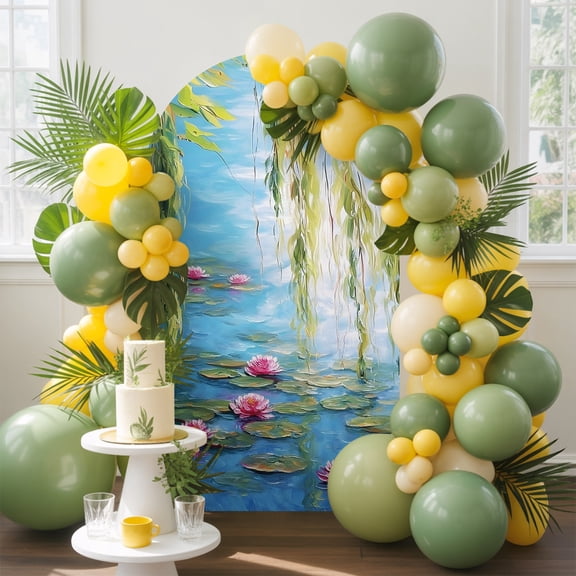 Water Lily Arch Backdrop Cover, 5FT, Lily Pads Willow Pond Lake Nature Zen Spandex Arch Covers Double-Sided Backdrop for Wedding Birthday Party Photo Background Decoration