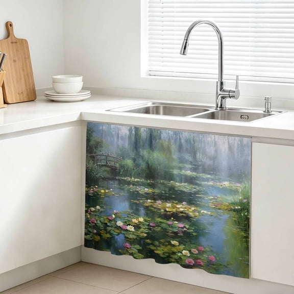 Water Lily Cabinet Curtain, Rustic Impressionist Green Pond Reflections Misty Willow Sink Skirt for Bathroom, Under Sink shelf Curtain Privacy Drape for Kitchen Laundry Room 11x13in
