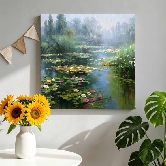 Water Lily Canvas Wall Art for Living Room, Rustic Impressionist Green Pond Reflections Misty Willow Poster Print Painting for Bedroom Office Home Decoration Wall Pictures Prepare To Hang 8"x8"