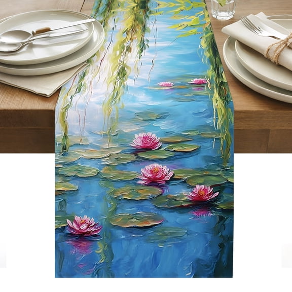 Water Lily Cotton Linen Table Runner Lily Pads Willow Pond Lake Nature Zen Dining Table Runners for Home Decor Party Dining Room Restaurant Kitchen Party 13" x 36"