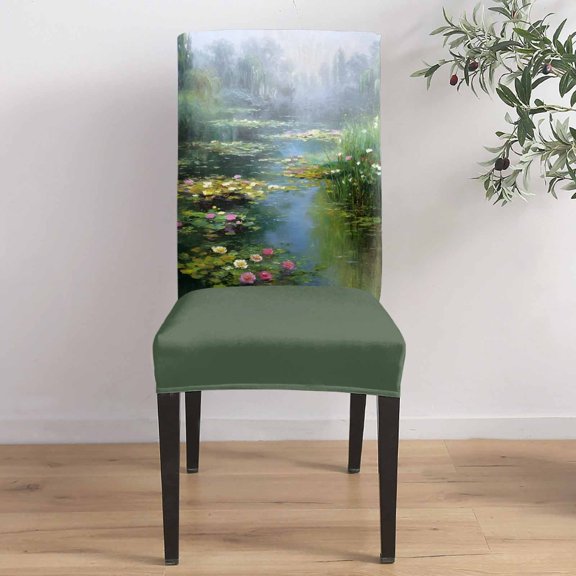 Water Lily Dining Chair Covers Set of 1, Rustic Impressionist Green Pond Reflections Misty Willow Chair Covers for Dining Room Removable Seat Protectors Slipcovers for Home Party Wedding Banquet