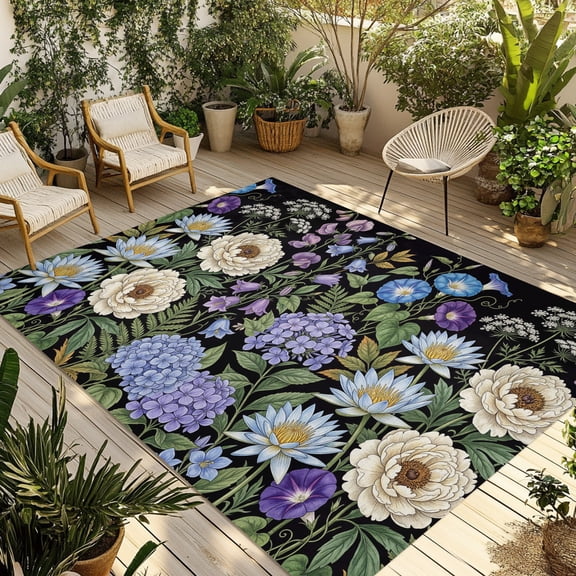 Water Lily Hydrangeas Ferns Outdoor Rug 4x6 ft Botanical Vintage Non Slip Patio Rug Washable Absorbent Large Outdoor Carpet Outside Mat for Porch RV Garden Camping