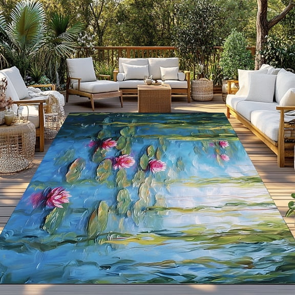 Water Lily Indoor Outdoor Rugs 3x5 Ft, Lily Pads Willow Pond Lake Nature Zen Outdoor Patio Rugs Mat Washable Outside Area Rugs Carpet for Porch Deck RV Camping Pool Balcony Backyard