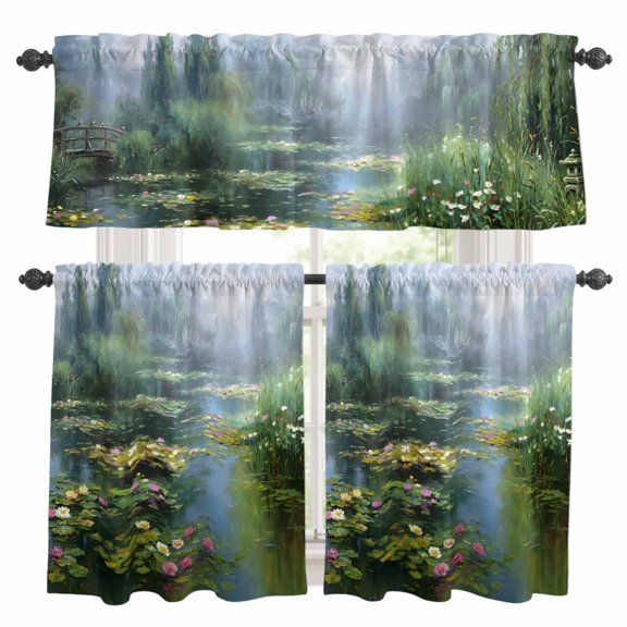 Water Lily Kitchen Curtains Valances 3 Piece Set, Rustic Impressionist Green Pond Reflections Misty Willow Rod Pocket Tier Curtain and Valance Drapes for Small Window 24 Inch Length for Bedroom Cafe