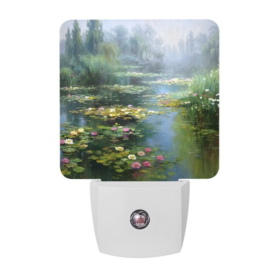 Water Lily LED Night Light, Rustic Impressionist Green Pond Reflections Misty Willow Night Lights plug into Wall with Smart Sensor Dusk to Dawn Sensor for Nursery Bedroom 2.95x4.5in
