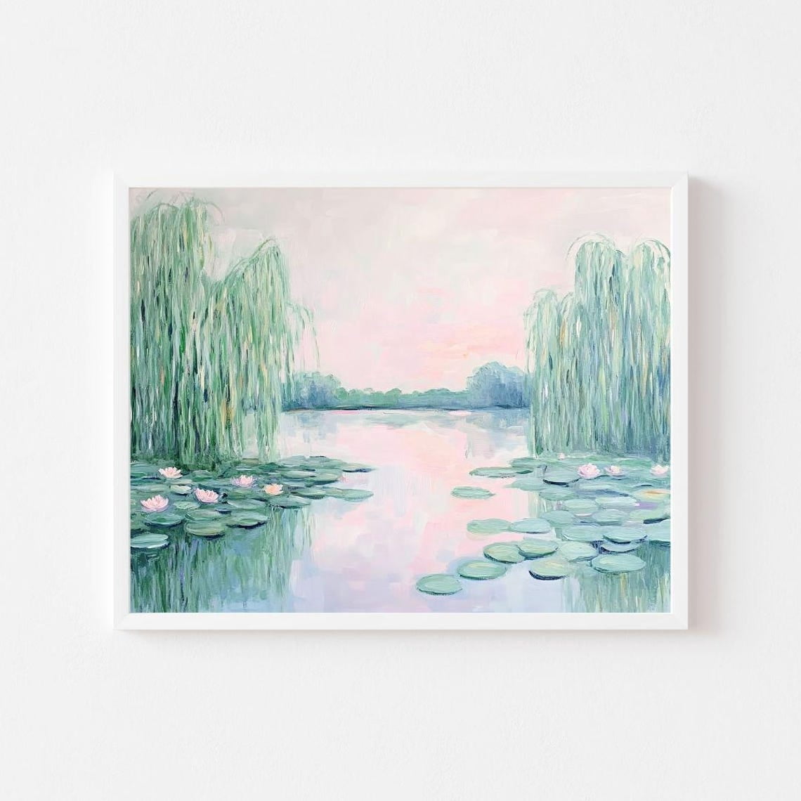 Water Lily Landscape Painting Pastel Pink Lily Pad Pond Wall Art Print ...
